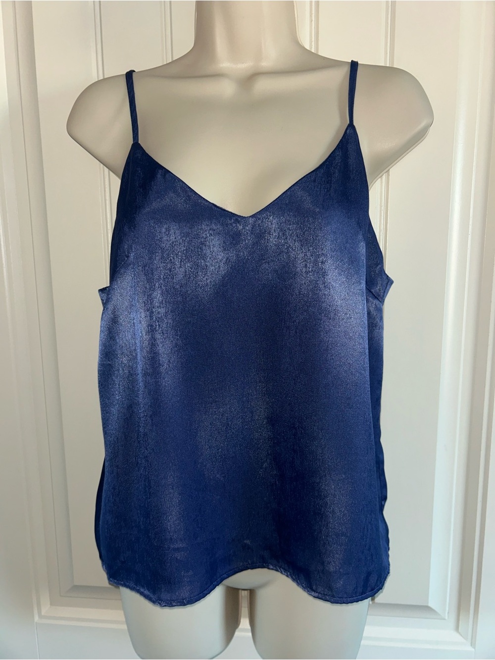 NEW Self Contrast Classic Navy Shimmer Satin Spaghetti-Strap Cami Sz S